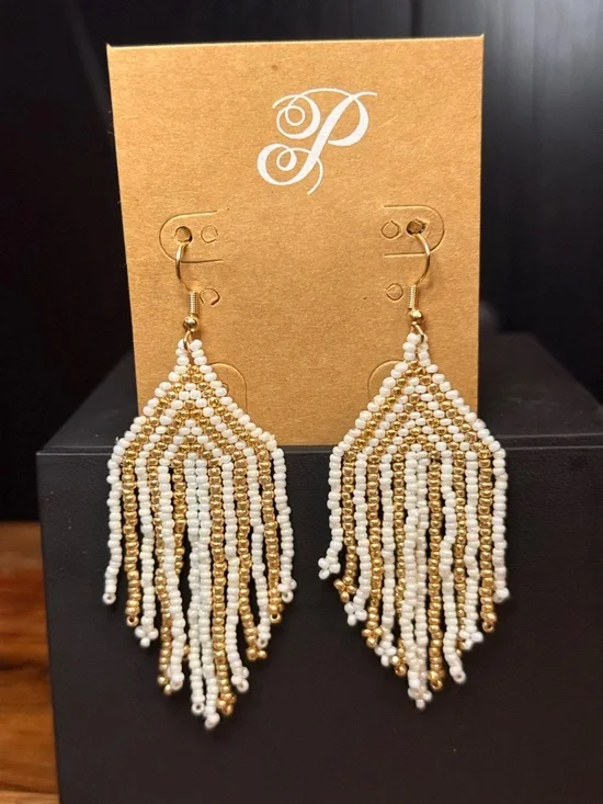 Plunder Beaded Fringe Drop Earrings - White & Gold - Picture 1 of 1